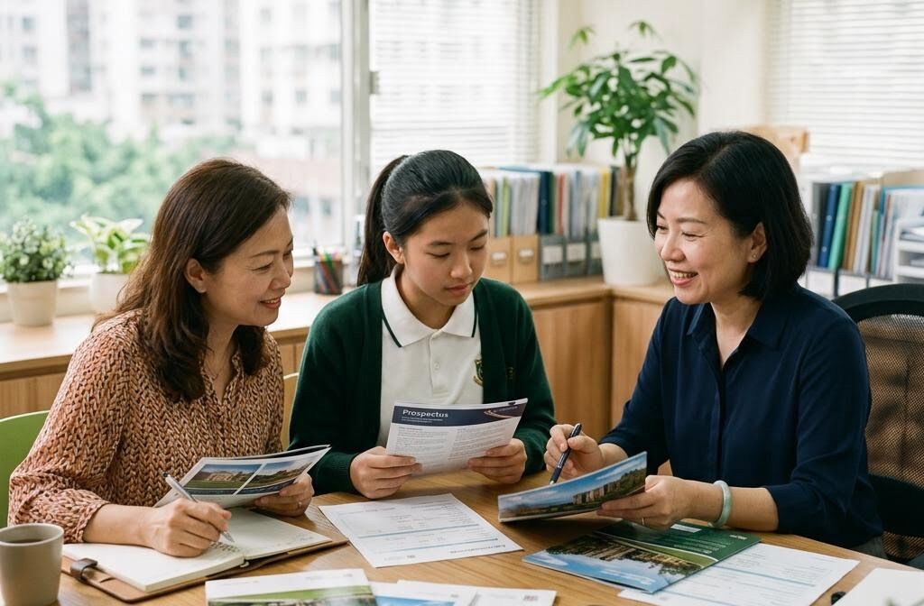 升學顧問與學生及家長一同審閱申請文件
