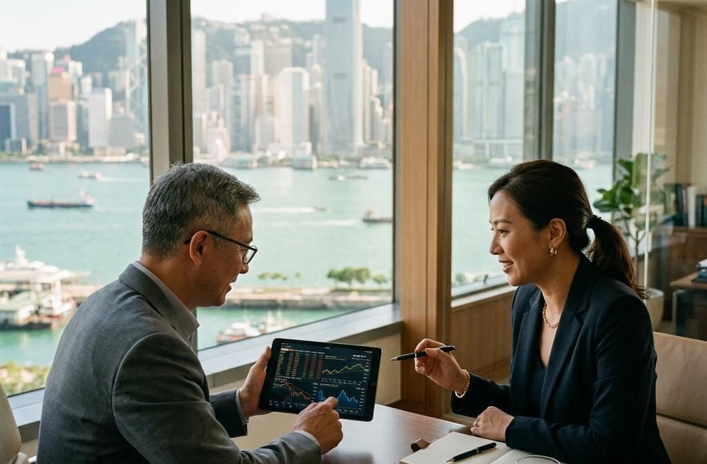 理財顧問與客戶在香港辦公室以平板電腦審視投資組合