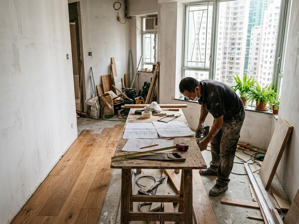 裝修中的香港小型單位，放著工具與圖則