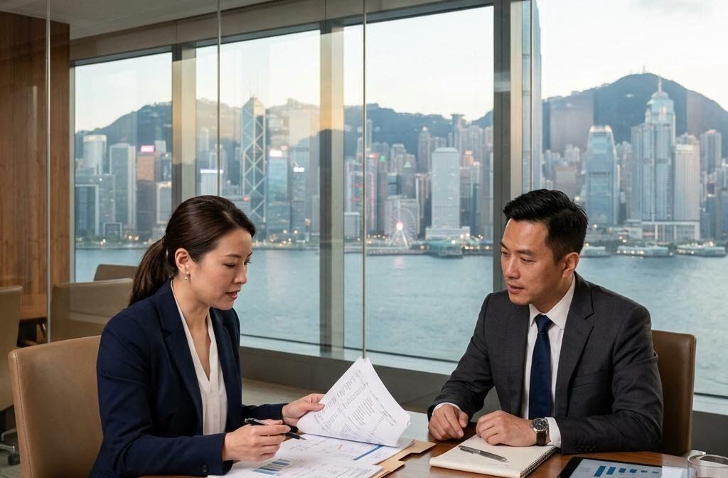 兩位專業人士在香港事務所的玻璃會議室審閱文件