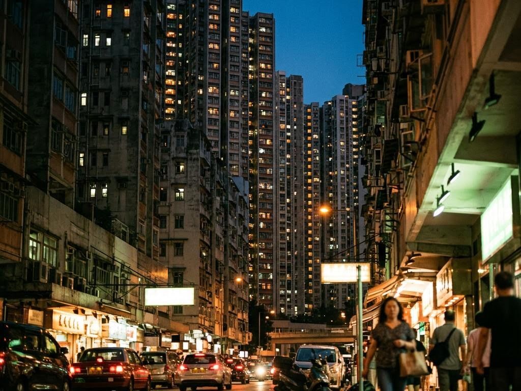 黃昏下亮著燈的香港住宅大廈