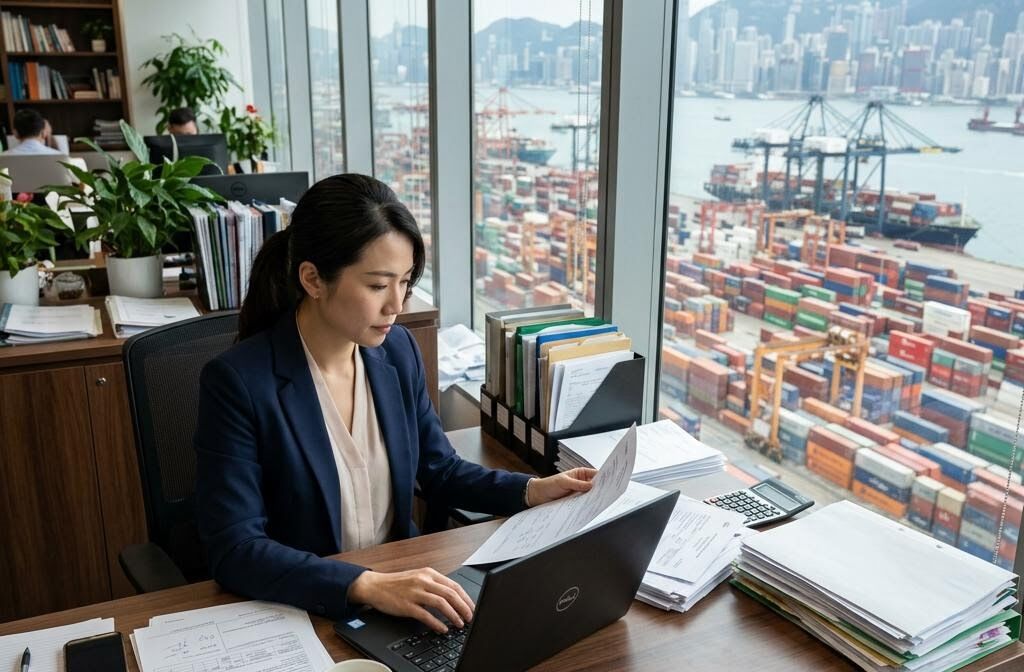 香港貿易公司職員在辦公室處理出口文件，窗外是貨櫃碼頭
