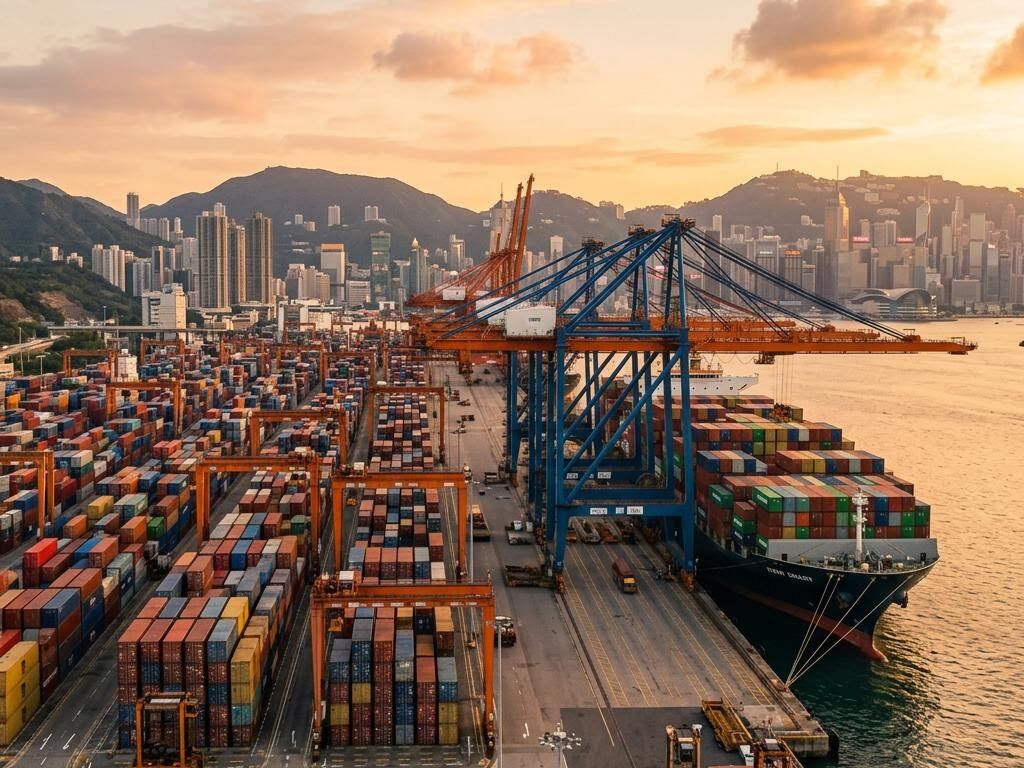 黃昏下的香港貨櫃碼頭